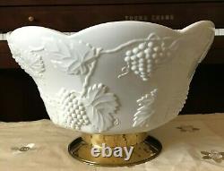 Vintage Colony Harvest White Milkglass Grape Pedestal Punch Bowl & 16 Cup Set