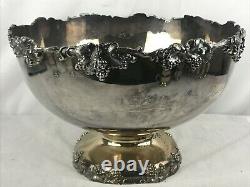 Vintage Crescent Silver Plate Punch Bowl Set Grape Edge Marked Cups Glasses