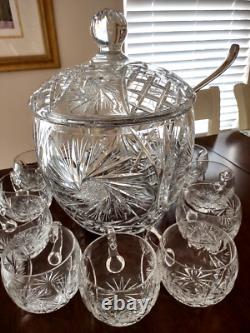 Vintage Crystal Cut Glass Lidded Punch Bowl With 12 Cups And Silver Plated Ladle