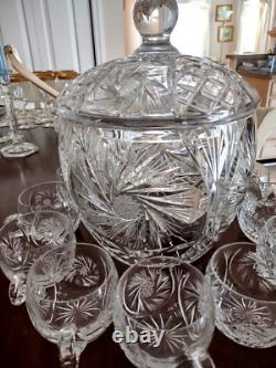 Vintage Crystal Cut Glass Lidded Punch Bowl With 12 Cups And Silver Plated Ladle