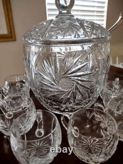 Vintage Crystal Cut Glass Lidded Punch Bowl With 12 Cups And Silver Plated Ladle