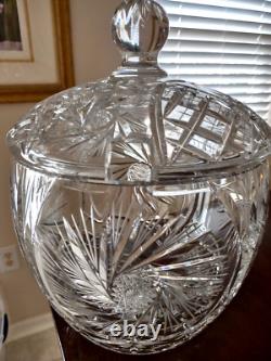 Vintage Crystal Cut Glass Lidded Punch Bowl With 12 Cups And Silver Plated Ladle