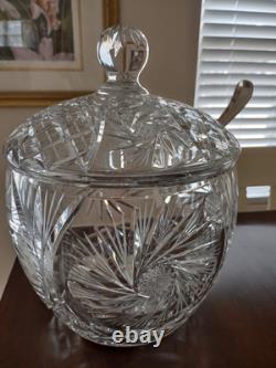 Vintage Crystal Cut Glass Lidded Punch Bowl With 12 Cups And Silver Plated Ladle