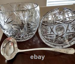Vintage Crystal Cut Glass Lidded Punch Bowl With 12 Cups And Silver Plated Ladle