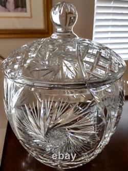 Vintage Crystal Cut Glass Lidded Punch Bowl With 12 Cups And Silver Plated Ladle