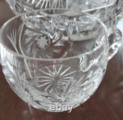 Vintage Crystal Cut Glass Lidded Punch Bowl With 12 Cups And Silver Plated Ladle