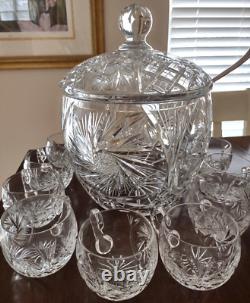 Vintage Crystal Cut Glass Lidded Punch Bowl With 12 Cups And Silver Plated Ladle