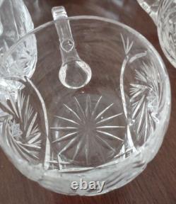 Vintage Crystal Cut Glass Lidded Punch Bowl With 12 Cups And Silver Plated Ladle