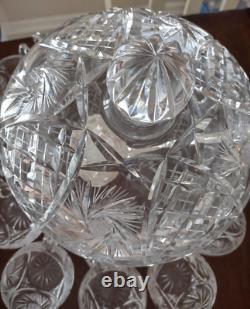 Vintage Crystal Cut Glass Lidded Punch Bowl With 12 Cups And Silver Plated Ladle