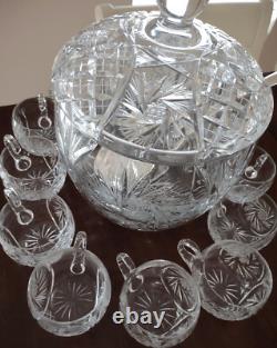 Vintage Crystal Cut Glass Lidded Punch Bowl With 12 Cups And Silver Plated Ladle