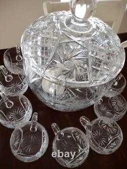 Vintage Crystal Cut Glass Lidded Punch Bowl With 12 Cups And Silver Plated Ladle