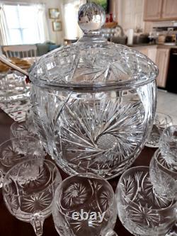 Vintage Crystal Cut Glass Lidded Punch Bowl With 12 Cups And Silver Plated Ladle