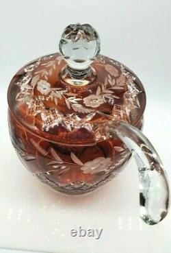Vintage Crystal Cut Punch Bowl Handcrafted With Glass Blown Ladle Amber Color