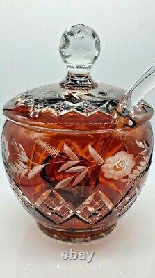 Vintage Crystal Cut Punch Bowl Handcrafted With Glass Blown Ladle Amber Color