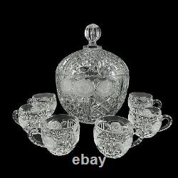 Vintage Crystal Glass Covered Punch Bowl Set Etched Roses 6 Cups Diamond Pattern