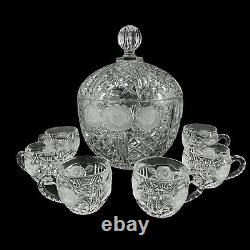 Vintage Crystal Glass Covered Punch Bowl Set Etched Roses 6 Cups Diamond Pattern