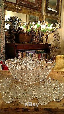 Vintage Crystal Glass Cut Punch Bowl With Cups