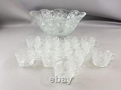 Vintage Crystal Glass Punch Bowl Set with 12 Punch Glasses