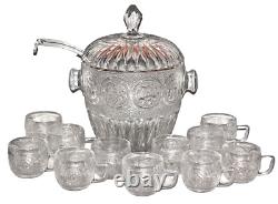 Vintage Crystal Punch Bowl Set With Handles Lid Ladle and 11 Cups Fruit Design