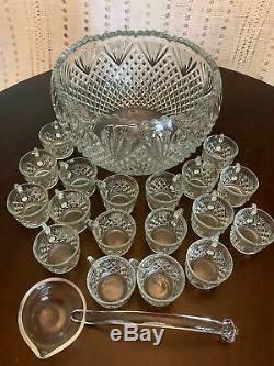 Vintage Crystal Punch Set By L. E. Smith with 18 Cups, One Ladle and Bowl