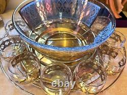 Vintage Culver 22k Gold & Blue Punch Bowl Set With 12 Glasses