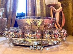 Vintage Culver 22k Gold & Blue Punch Bowl Set With 12 Glasses