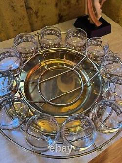 Vintage Culver 22k Gold & Blue Punch Bowl Set With 12 Glasses