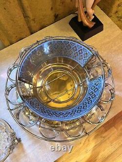 Vintage Culver 22k Gold & Blue Punch Bowl Set With 12 Glasses