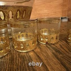 Vintage Culver Antigua Pattern Punch Bowl With 8 Glass's 1950s 22kt Gold