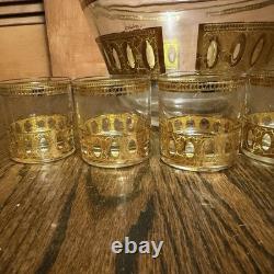 Vintage Culver Antigua Pattern Punch Bowl With 8 Glass's 1950s 22kt Gold