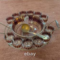 Vintage Culver Cranberry Scroll 22K Gold Punch Bowl & 12 Footed Tumbler Glasses