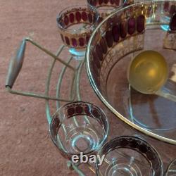 Vintage Culver Cranberry Scroll 22K Gold Punch Bowl & 12 Footed Tumbler Glasses