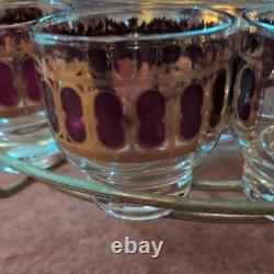 Vintage Culver Cranberry Scroll 22K Gold Punch Bowl & 12 Footed Tumbler Glasses
