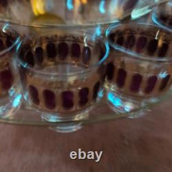 Vintage Culver Cranberry Scroll 22K Gold Punch Bowl & 12 Footed Tumbler Glasses