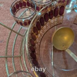 Vintage Culver Cranberry Scroll 22K Gold Punch Bowl & 12 Footed Tumbler Glasses