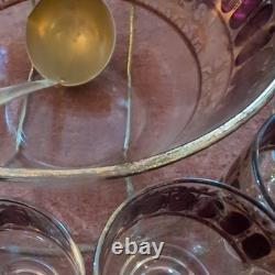 Vintage Culver Cranberry Scroll 22K Gold Punch Bowl & 12 Footed Tumbler Glasses