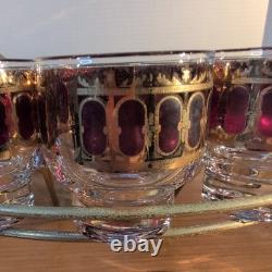 Vintage Culver Cranberry Scroll 22K Gold Punch Bowl & 12 Footed Tumbler Glasses