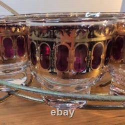 Vintage Culver Cranberry Scroll 22K Gold Punch Bowl & 12 Footed Tumbler Glasses
