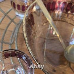 Vintage Culver Cranberry Scroll 22K Gold Punch Bowl & 12 Footed Tumbler Glasses