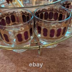 Vintage Culver Cranberry Scroll 22K Gold Punch Bowl & 12 Footed Tumbler Glasses