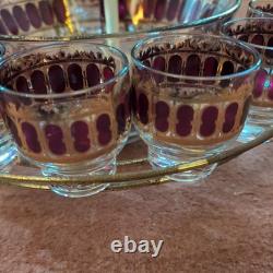 Vintage Culver Cranberry Scroll 22K Gold Punch Bowl & 12 Footed Tumbler Glasses