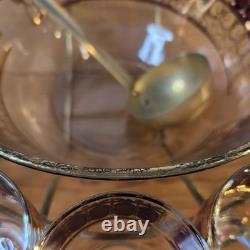 Vintage Culver Cranberry Scroll 22K Gold Punch Bowl & 12 Footed Tumbler Glasses