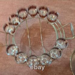 Vintage Culver Cranberry Scroll 22K Gold Punch Bowl & 12 Footed Tumbler Glasses