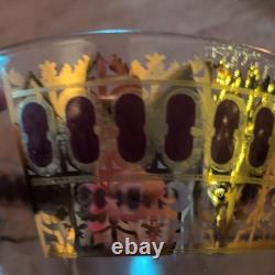 Vintage Culver Cranberry Scroll 22K Gold Punch Bowl & 12 Footed Tumbler Glasses