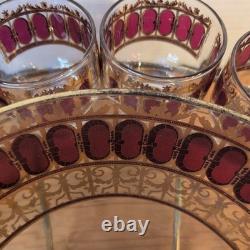 Vintage Culver Cranberry Scroll 22K Gold Punch Bowl & 12 Footed Tumbler Glasses