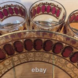 Vintage Culver Cranberry Scroll 22K Gold Punch Bowl & 12 Footed Tumbler Glasses