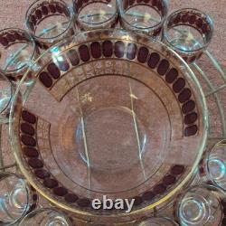 Vintage Culver Cranberry Scroll 22K Gold Punch Bowl & 12 Footed Tumbler Glasses