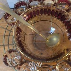 Vintage Culver Cranberry Scroll 22K Gold Punch Bowl & 12 Footed Tumbler Glasses