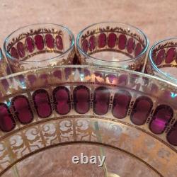 Vintage Culver Cranberry Scroll 22K Gold Punch Bowl & 12 Footed Tumbler Glasses