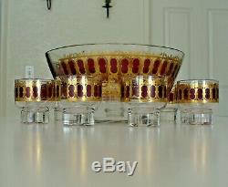Vintage Culver Cranberry Scroll Large Glass Punch Bowl And 9 Cups